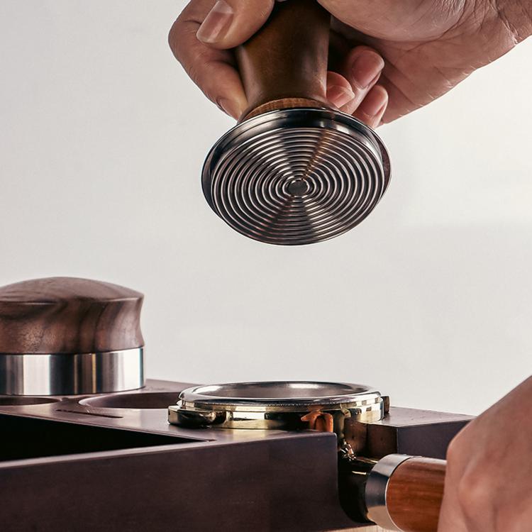 Solid Wood Handle Stainless Steel Constant Force Coffee Tamper, 51mm Threaded Bottom, 53mm Threaded Bottom, 58mm Threaded Bottom, 51mm Flat Bottom, 53mm Flat Bottom, 58mm Flat Bottom