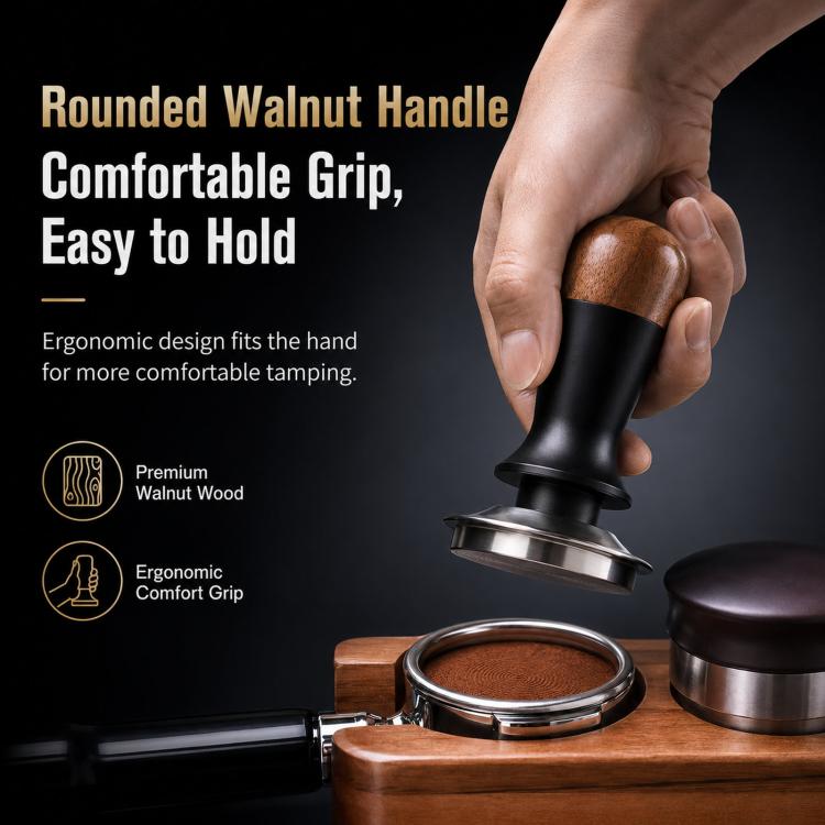 Walnut Wood Handle Coffee Constant Force Tamper, 51mm Threaded Bottom, 53mm Threaded Bottom, 58mm Threaded Bottom, 51mm Flat Bottom, 53mm Flat Bottom, 58mm Flat Bottom