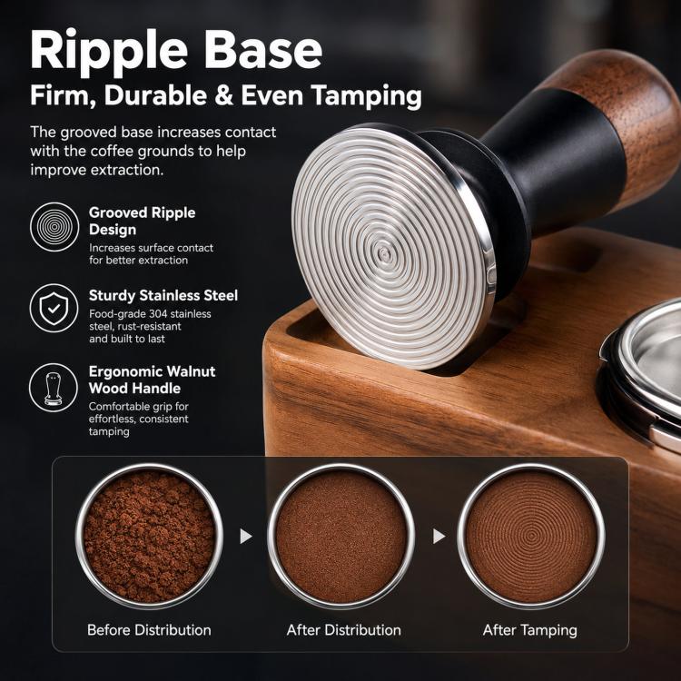 Walnut Wood Handle Coffee Constant Force Tamper, 51mm Threaded Bottom, 53mm Threaded Bottom, 58mm Threaded Bottom, 51mm Flat Bottom, 53mm Flat Bottom, 58mm Flat Bottom