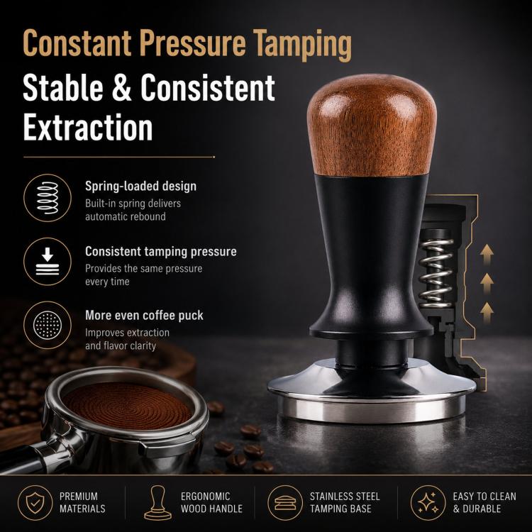 Walnut Wood Handle Coffee Constant Force Tamper, 51mm Threaded Bottom, 53mm Threaded Bottom, 58mm Threaded Bottom, 51mm Flat Bottom, 53mm Flat Bottom, 58mm Flat Bottom
