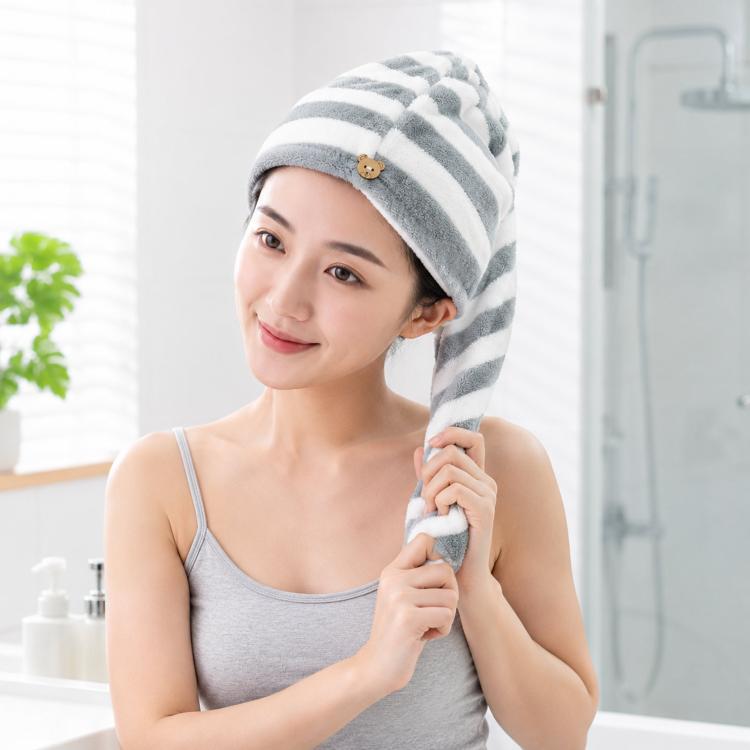 Microfiber Hair Towel Wrap for Wet Hair Striped Fast Drying Hair Turban with Cute Bear Button, Ultra Absorbent Anti-Frizz Shower Cap for Long & Curly Hair, 25x65cm