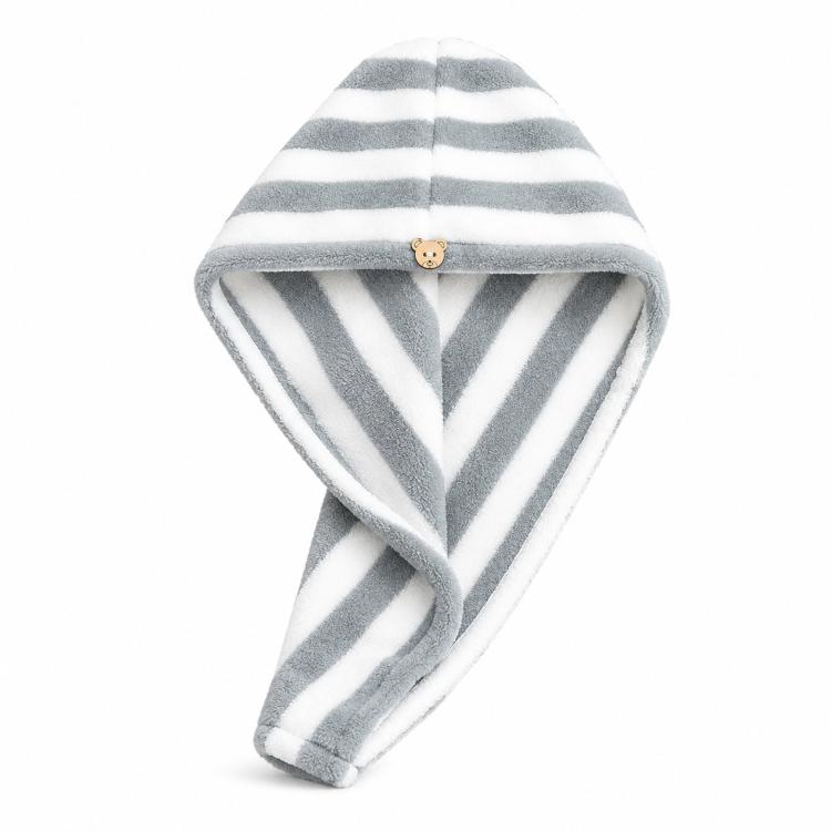 Microfiber Hair Towel Wrap for Wet Hair Striped Fast Drying Hair Turban with Cute Bear Button, Ultra Absorbent Anti-Frizz Shower Cap for Long & Curly Hair, 25x65cm