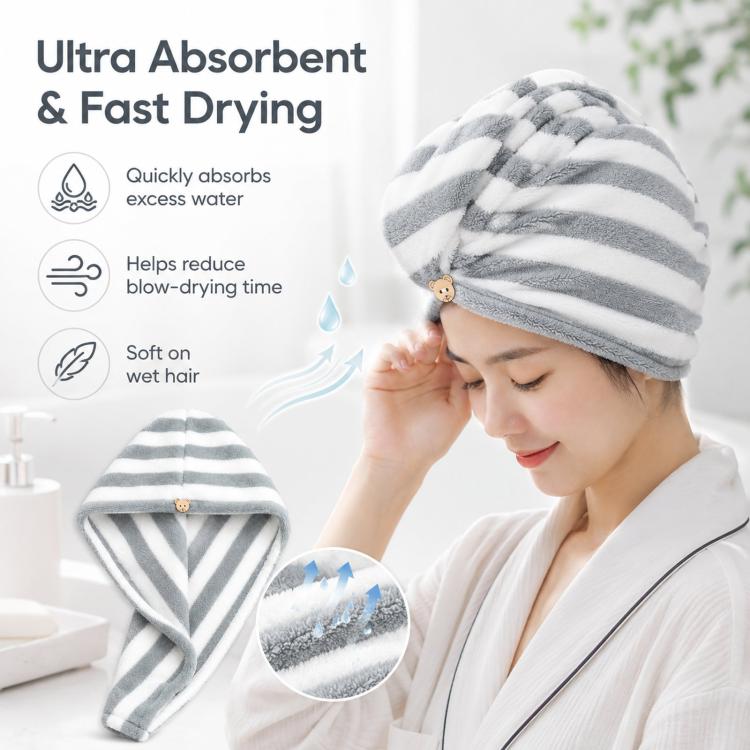 Microfiber Hair Towel Wrap for Wet Hair Striped Fast Drying Hair Turban with Cute Bear Button, Ultra Absorbent Anti-Frizz Shower Cap for Long & Curly Hair, 25x65cm