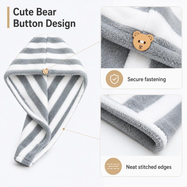 Microfiber Hair Towel Wrap for Wet Hair Striped Fast Drying Hair Turban with Cute Bear Button, Ultra Absorbent Anti-Frizz Shower Cap for Long & Curly Hair, 25x65cm