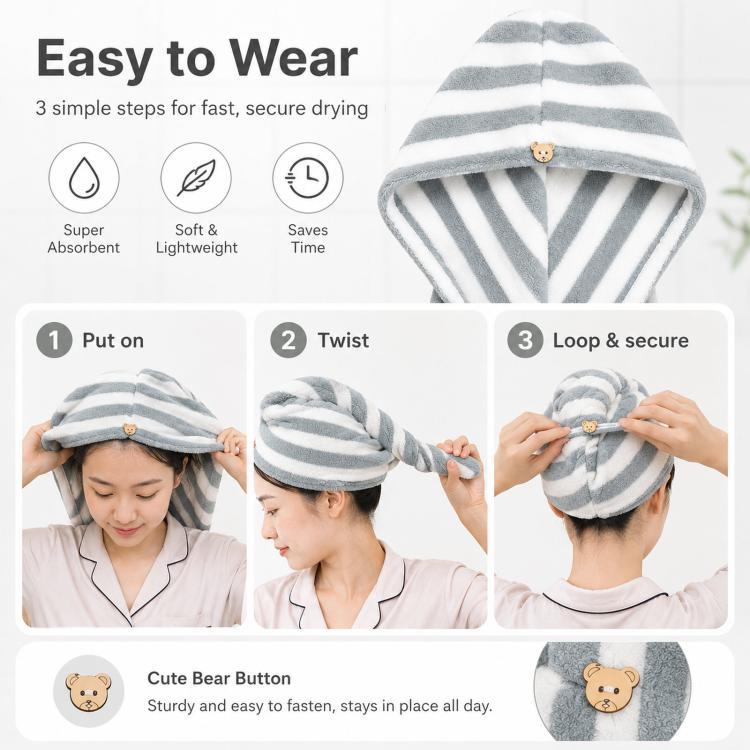 Microfiber Hair Towel Wrap for Wet Hair Striped Fast Drying Hair Turban with Cute Bear Button, Ultra Absorbent Anti-Frizz Shower Cap for Long & Curly Hair, 25x65cm