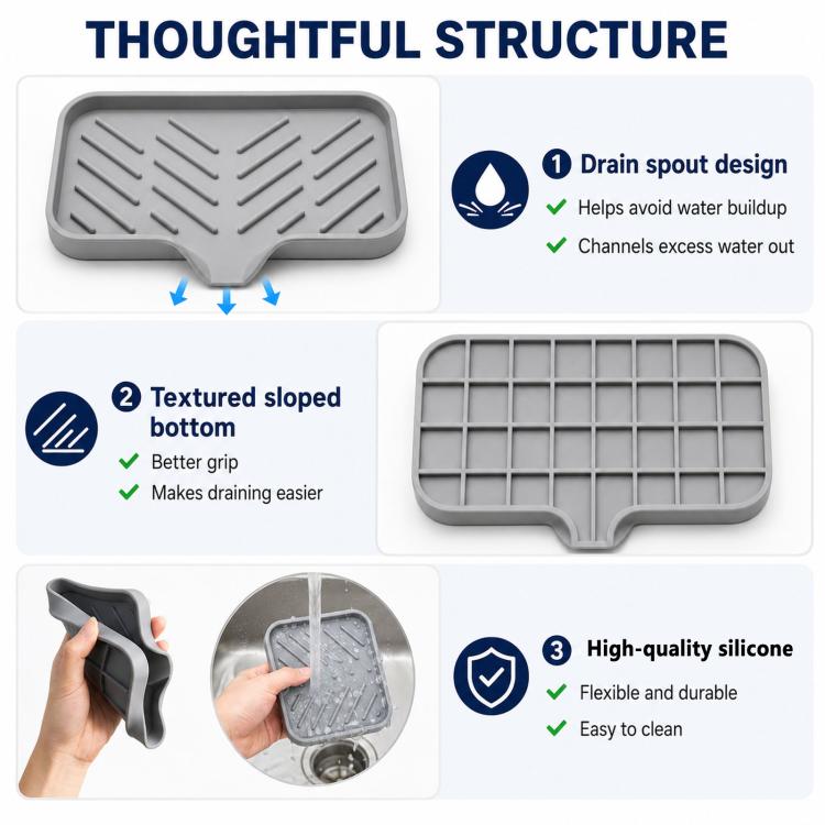 Large Silicone Sponge Holder for Kitchen Bathroom Sink 5-Degree Slanted Sink Tray with Drain Spout