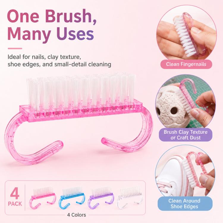 4pcs /Pack Horn Handle Nail Brush, Glitter Plastic Fingernail Scrub Brush for Dust Cleaning, Mini Manicure Hand Scrubbing Brush, 4pcs Mixed Color