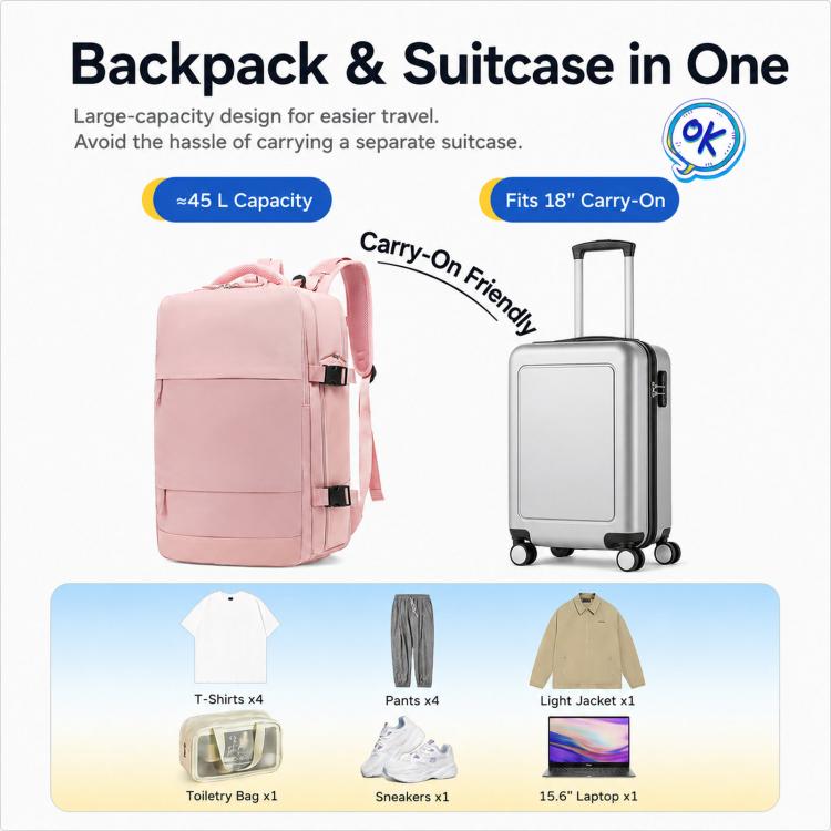 Women Men Travel Backpack Carry-On with Laptop Compartment & USB Port, Shoe Storage, Wet/Dry Separation, Waterproof Large Capacity Daypack