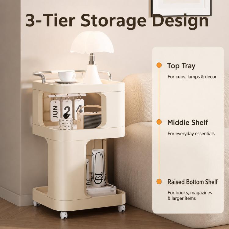Mobile Side Table with Wheels 3-Tier Rolling Utility Cart Lockable Bedside Nightstand, Short Type Cream, Short Type Yellow, Tall Type Cream, Tall Type Yellow