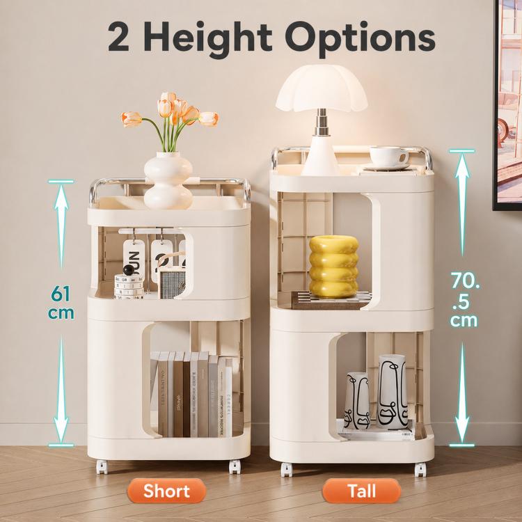 Mobile Side Table with Wheels 3-Tier Rolling Utility Cart Lockable Bedside Nightstand, Short Type Cream, Short Type Yellow, Tall Type Cream, Tall Type Yellow