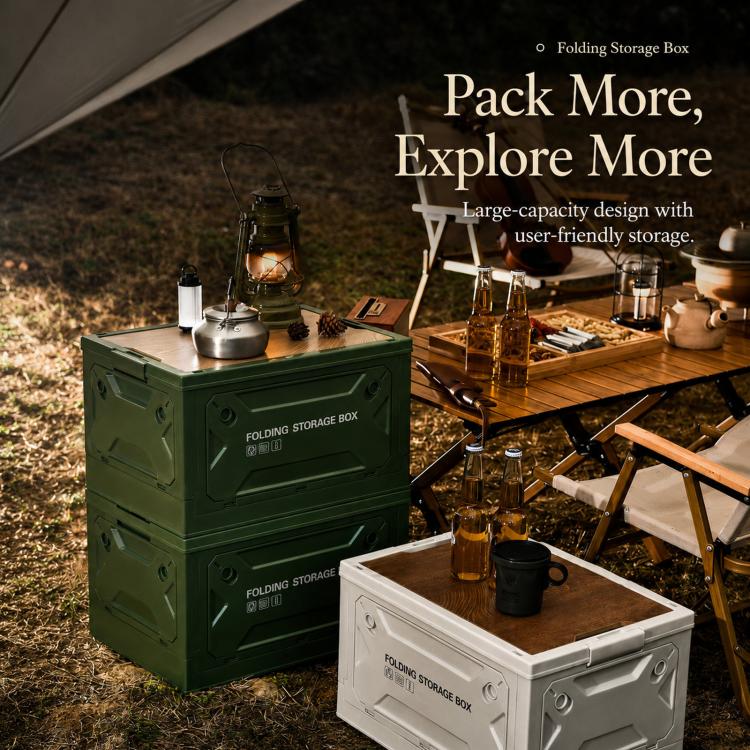 Collapsible Storage Bin with MDF Wooden Lid 5-Door Open Plastic Folding Storage Box Crate for Camping & Car Trunk, 49 x 35 x 29cm, 41 x 29 x 24.5cm
