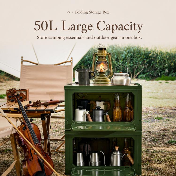 Collapsible Storage Bin with MDF Wooden Lid 5-Door Open Plastic Folding Storage Box Crate for Camping & Car Trunk, 49 x 35 x 29cm, 41 x 29 x 24.5cm