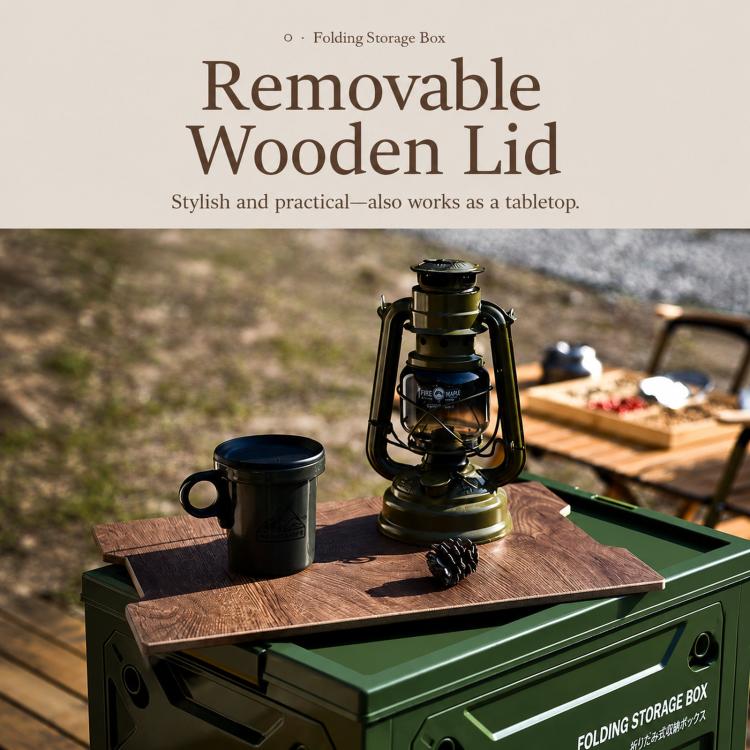 Collapsible Storage Bin with MDF Wooden Lid 5-Door Open Plastic Folding Storage Box Crate for Camping & Car Trunk, 49 x 35 x 29cm, 41 x 29 x 24.5cm