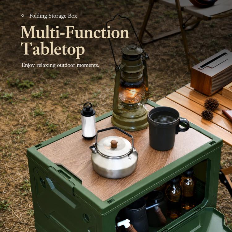 Collapsible Storage Bin with MDF Wooden Lid 5-Door Open Plastic Folding Storage Box Crate for Camping & Car Trunk, 49 x 35 x 29cm, 41 x 29 x 24.5cm