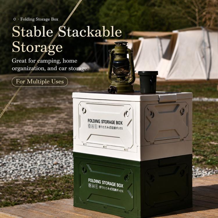 Collapsible Storage Bin with MDF Wooden Lid 5-Door Open Plastic Folding Storage Box Crate for Camping & Car Trunk, 49 x 35 x 29cm, 41 x 29 x 24.5cm