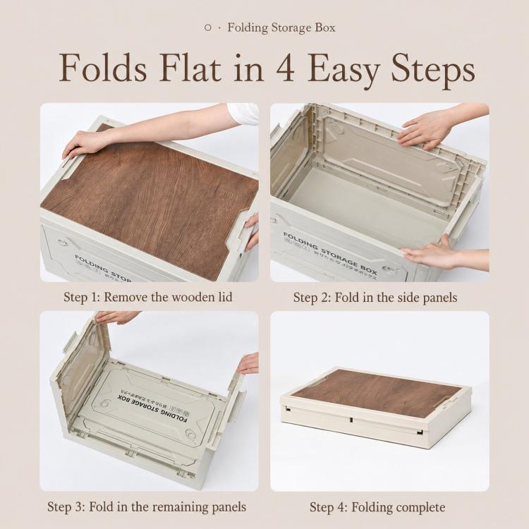 Collapsible Storage Bin with MDF Wooden Lid 5-Door Open Plastic Folding Storage Box Crate for Camping & Car Trunk, 49 x 35 x 29cm, 41 x 29 x 24.5cm