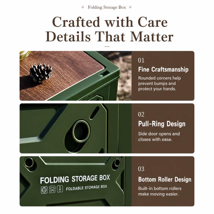 Collapsible Storage Bin with MDF Wooden Lid 5-Door Open Plastic Folding Storage Box Crate for Camping & Car Trunk, 49 x 35 x 29cm, 41 x 29 x 24.5cm