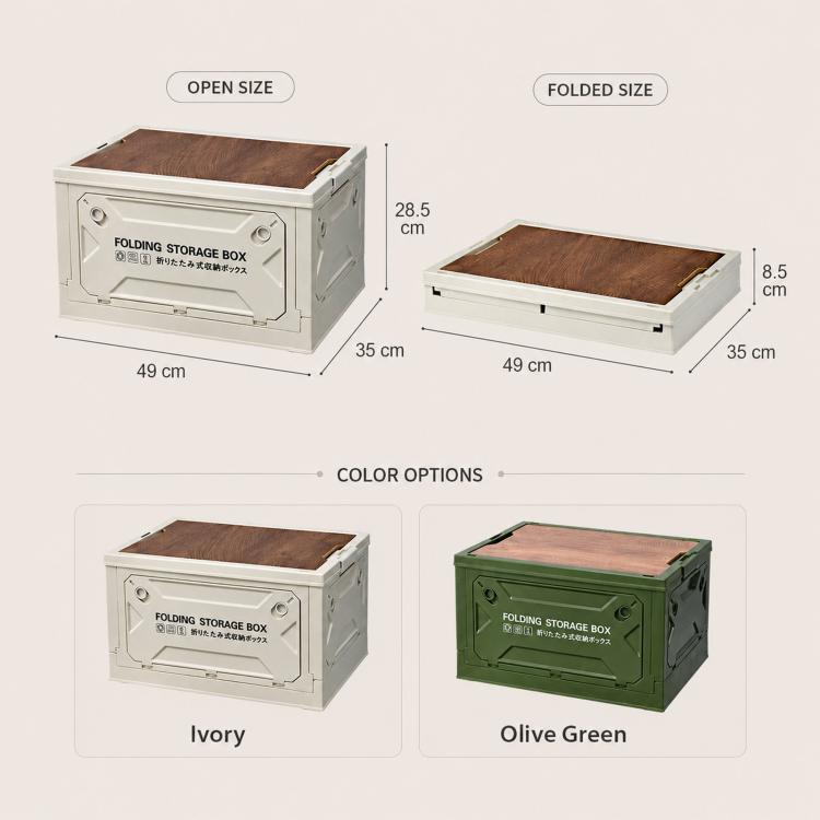 Collapsible Storage Bin with MDF Wooden Lid 5-Door Open Plastic Folding Storage Box Crate for Camping & Car Trunk, 49 x 35 x 29cm, 41 x 29 x 24.5cm
