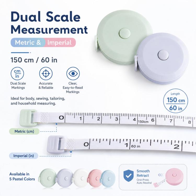 3-Piece Set 1.5m Round Plastic Ruler Automatic Retractable Tape Measure Household Mini Dual-Scale Metric / Imperial Measuring Tape