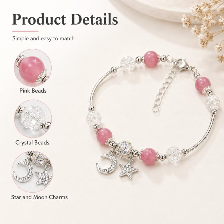 Star Moon Strawberry Quartz Bead Bracelet Women Exquisite Fringe Accessory