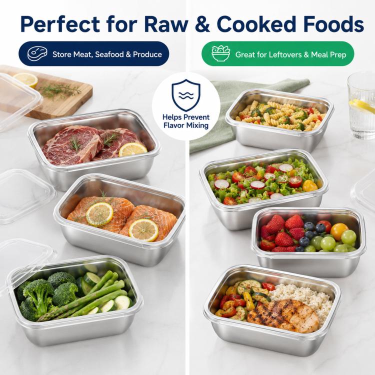 LsCook 5pcs Food-Grade Stainless Steel Food Storage Containers With Lids for Refrigerator Storage Box, 13.5x10.5x5 With White Lid