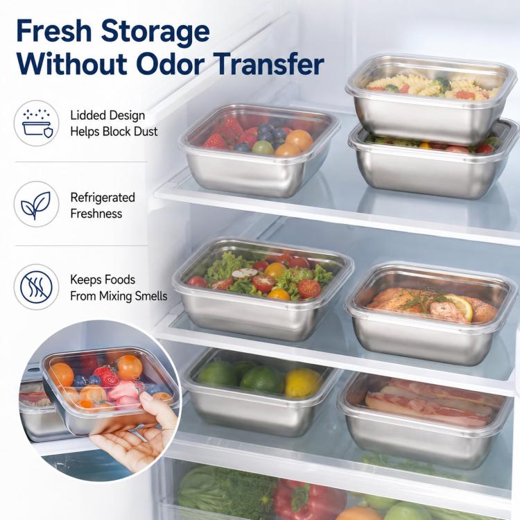 LsCook 5pcs Food-Grade Stainless Steel Food Storage Containers With Lids for Refrigerator Storage Box, 13.5x10.5x5 With White Lid