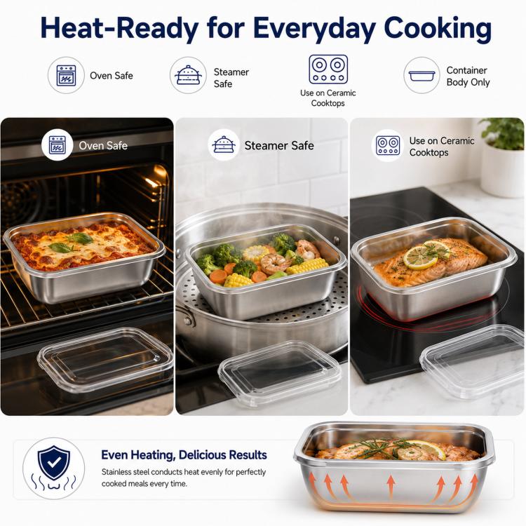 LsCook 5pcs Food-Grade Stainless Steel Food Storage Containers With Lids for Refrigerator Storage Box, 13.5x10.5x5 With White Lid