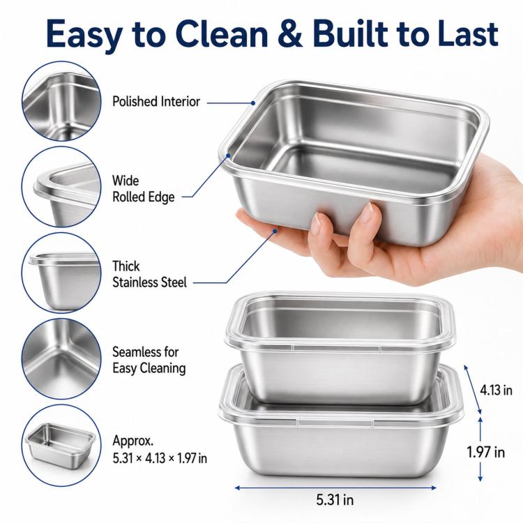 LsCook 5pcs Food-Grade Stainless Steel Food Storage Containers With Lids for Refrigerator Storage Box, 13.5x10.5x5 With White Lid