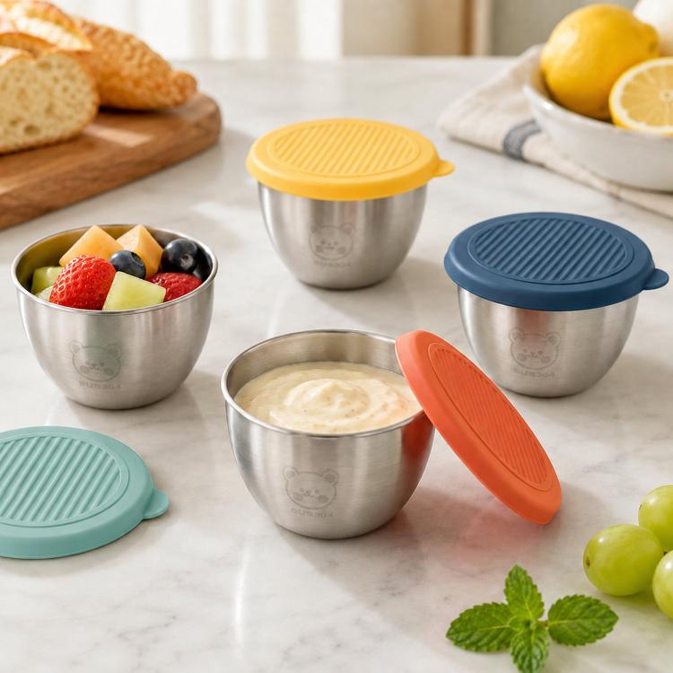 LsCook 4pcs Mini 304 Stainless Steel Portable Dip Seasoning Container 80ml With Lid Bear Dish