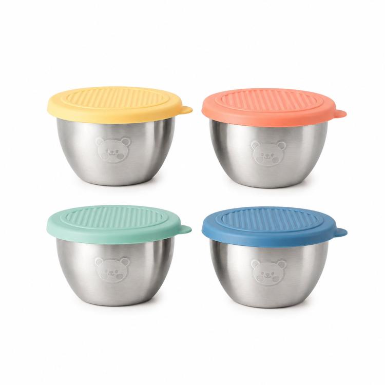 LsCook 4pcs Mini 304 Stainless Steel Portable Dip Seasoning Container 80ml With Lid Bear Dish