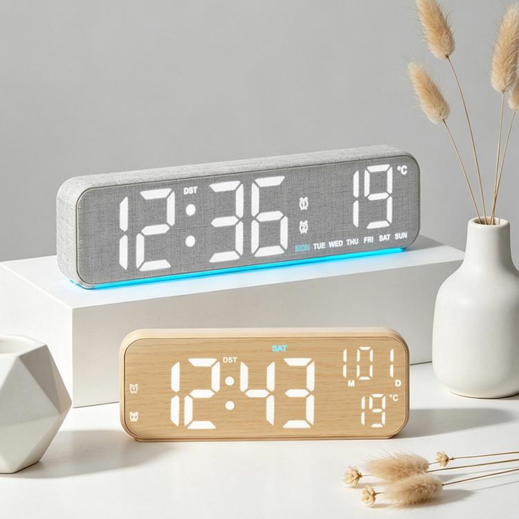 Modern LED Digital Desk Clock with Temperature Date, Silent Alarm Clock with Dual Alarm, 5801 Yellow Wood Grain, 5801 Grey Fabric, 5802 Yellow Wood Grain, 5802 Grey Fabric