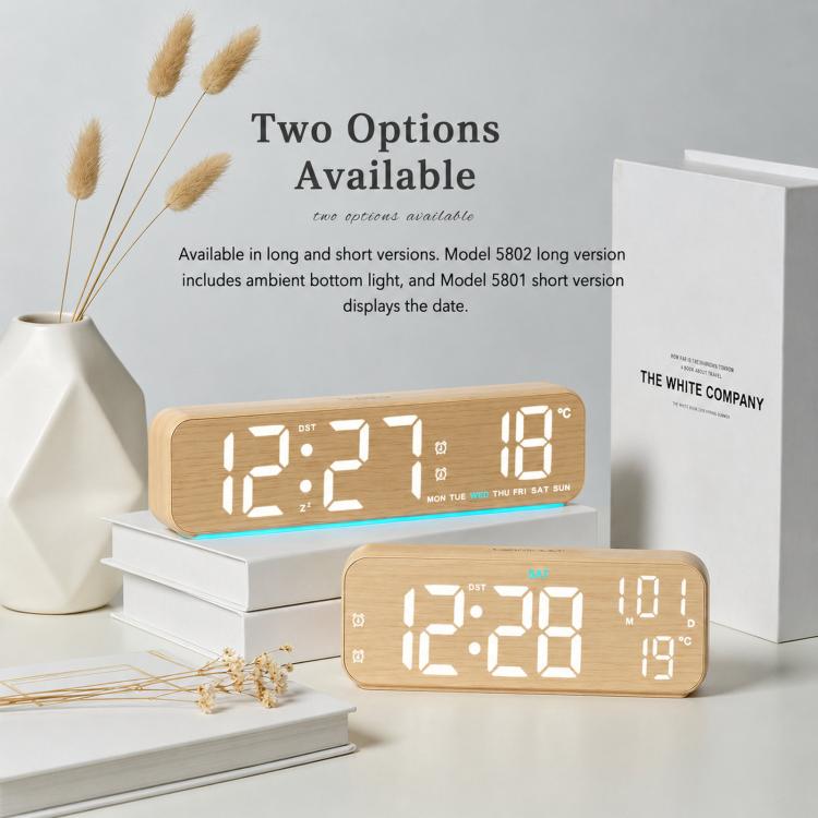 Modern LED Digital Desk Clock with Temperature Date, Silent Alarm Clock with Dual Alarm, 5801 Yellow Wood Grain, 5801 Grey Fabric, 5802 Yellow Wood Grain, 5802 Grey Fabric