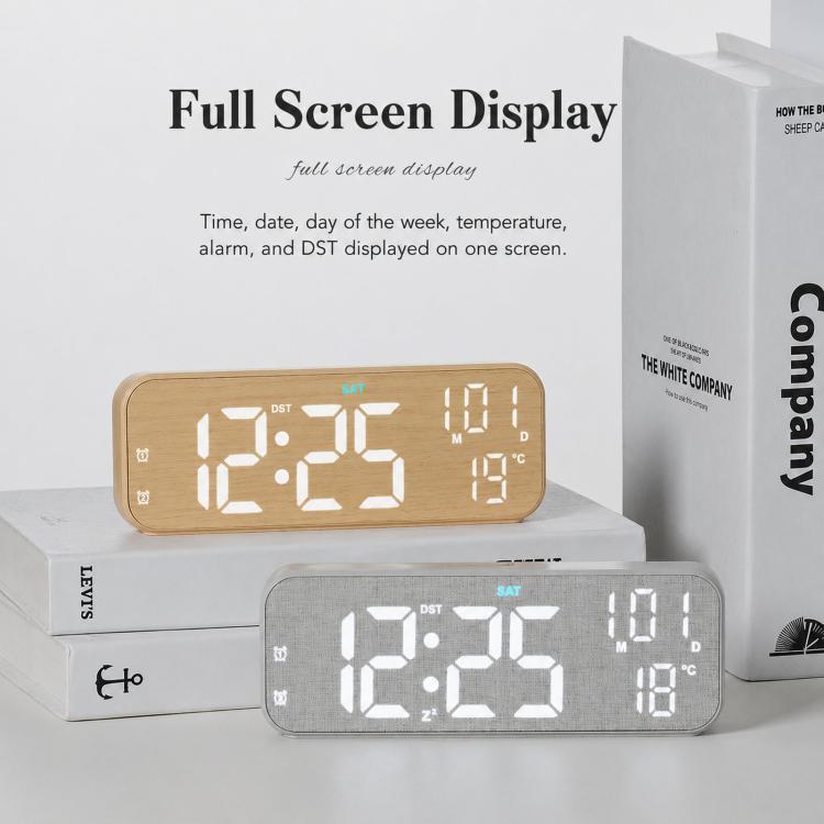 Modern LED Digital Desk Clock with Temperature Date, Silent Alarm Clock with Dual Alarm, 5801 Yellow Wood Grain, 5801 Grey Fabric, 5802 Yellow Wood Grain, 5802 Grey Fabric