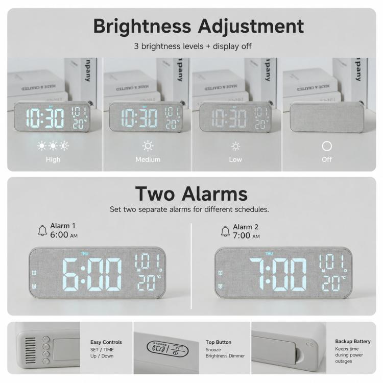 Modern LED Digital Desk Clock with Temperature Date, Silent Alarm Clock with Dual Alarm, 5801 Yellow Wood Grain, 5801 Grey Fabric, 5802 Yellow Wood Grain, 5802 Grey Fabric