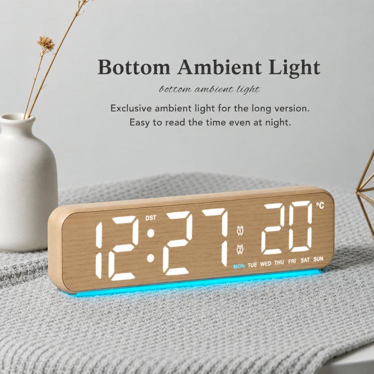 Modern LED Digital Desk Clock with Temperature Date, Silent Alarm Clock with Dual Alarm, 5801 Yellow Wood Grain, 5801 Grey Fabric, 5802 Yellow Wood Grain, 5802 Grey Fabric