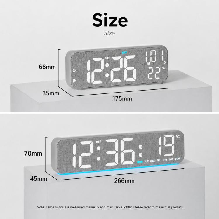 Modern LED Digital Desk Clock with Temperature Date, Silent Alarm Clock with Dual Alarm, 5801 Yellow Wood Grain, 5801 Grey Fabric, 5802 Yellow Wood Grain, 5802 Grey Fabric