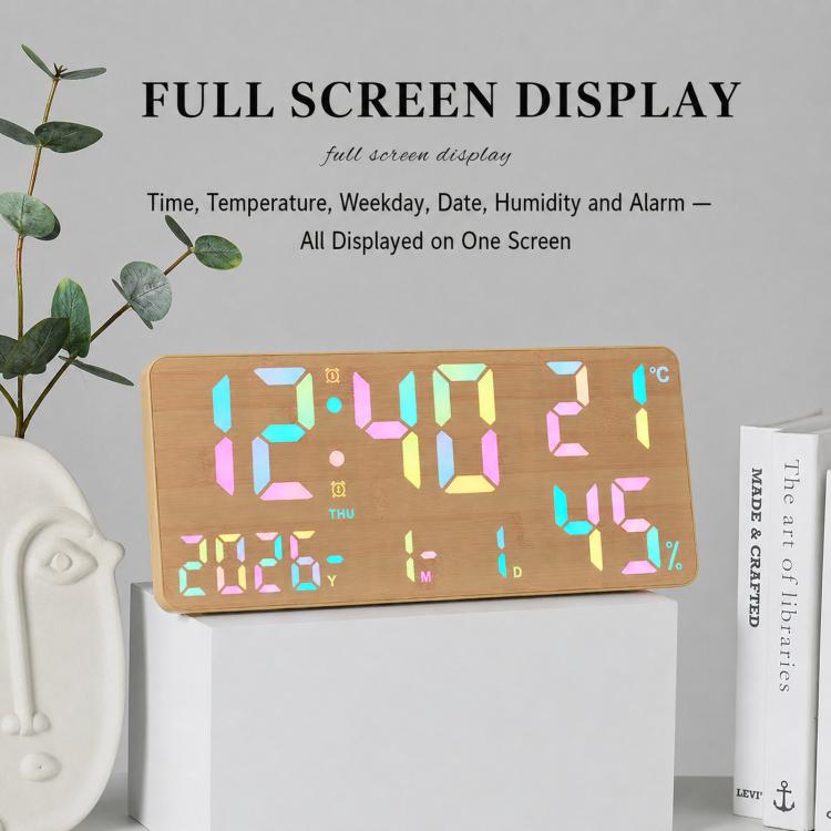 Large Display Digital Wall Clock With Temp Humidity Dual Alarm Desk Clock, GH8070 Woodgrain Fixed White Light, GH8070 Fabric Fixed White Light, GH8071 Woodgrain Color Changing, GH8071 Fabric Color Changing
