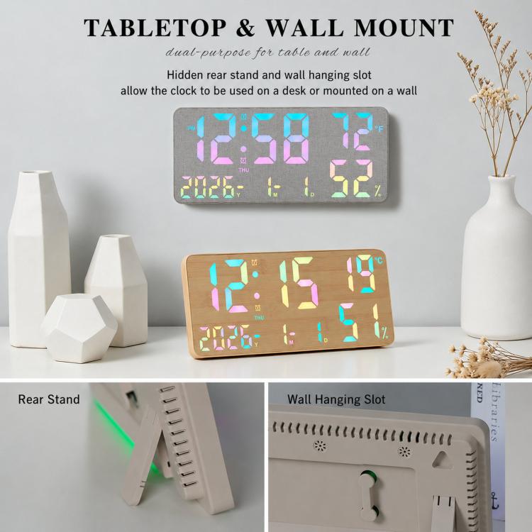 Large Display Digital Wall Clock With Temp Humidity Dual Alarm Desk Clock, GH8070 Woodgrain Fixed White Light, GH8070 Fabric Fixed White Light, GH8071 Woodgrain Color Changing, GH8071 Fabric Color Changing