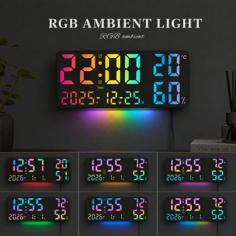 Large Display Digital Wall Clock With Temp Humidity Dual Alarm Desk Clock, GH8070 Woodgrain Fixed White Light, GH8070 Fabric Fixed White Light, GH8071 Woodgrain Color Changing, GH8071 Fabric Color Changing