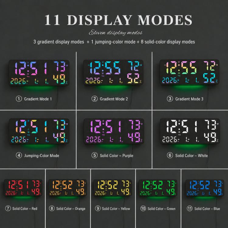 Large Display Digital Wall Clock With Temp Humidity Dual Alarm Desk Clock, GH8070 Woodgrain Fixed White Light, GH8070 Fabric Fixed White Light, GH8071 Woodgrain Color Changing, GH8071 Fabric Color Changing