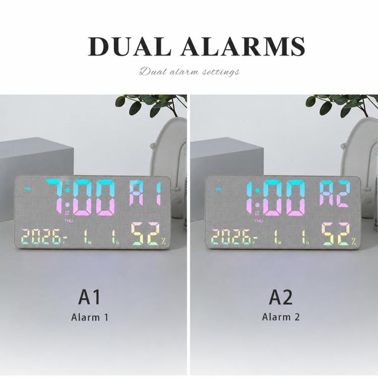 Large Display Digital Wall Clock With Temp Humidity Dual Alarm Desk Clock, GH8070 Woodgrain Fixed White Light, GH8070 Fabric Fixed White Light, GH8071 Woodgrain Color Changing, GH8071 Fabric Color Changing