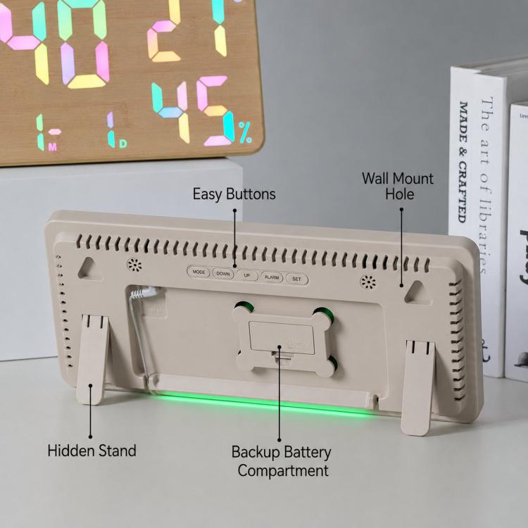 Large Display Digital Wall Clock With Temp Humidity Dual Alarm Desk Clock, GH8070 Woodgrain Fixed White Light, GH8070 Fabric Fixed White Light, GH8071 Woodgrain Color Changing, GH8071 Fabric Color Changing