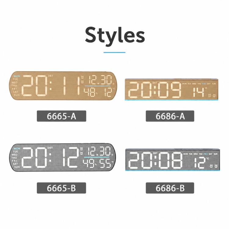 LED Digital Alarm Clock  With Temperature Display DST Dual Alarm, 6665A Wood Grain, 6665B Fabric Texture, 6686A Wood Grain, 6686B Fabric Texture