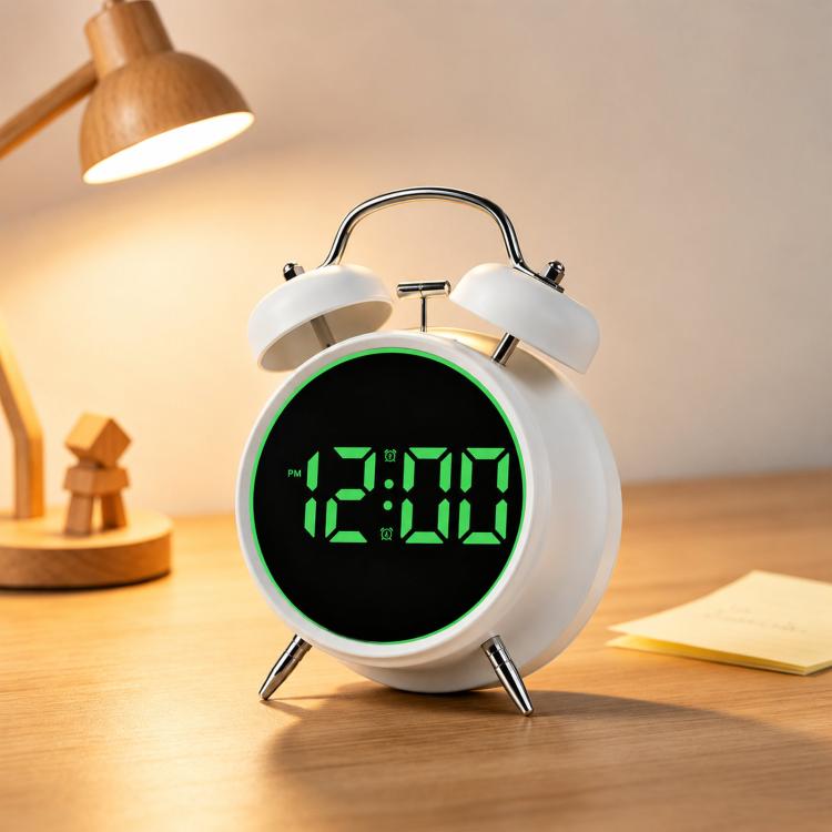 Retro Twin Bell Digital Alarm Clock Loud Bedside Clock with Colorful Glowing Ring Silent LED Desktop Clock with USB & Battery Backup