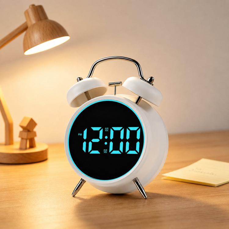 Retro Twin Bell Digital Alarm Clock Loud Bedside Clock with Colorful Glowing Ring Silent LED Desktop Clock with USB & Battery Backup