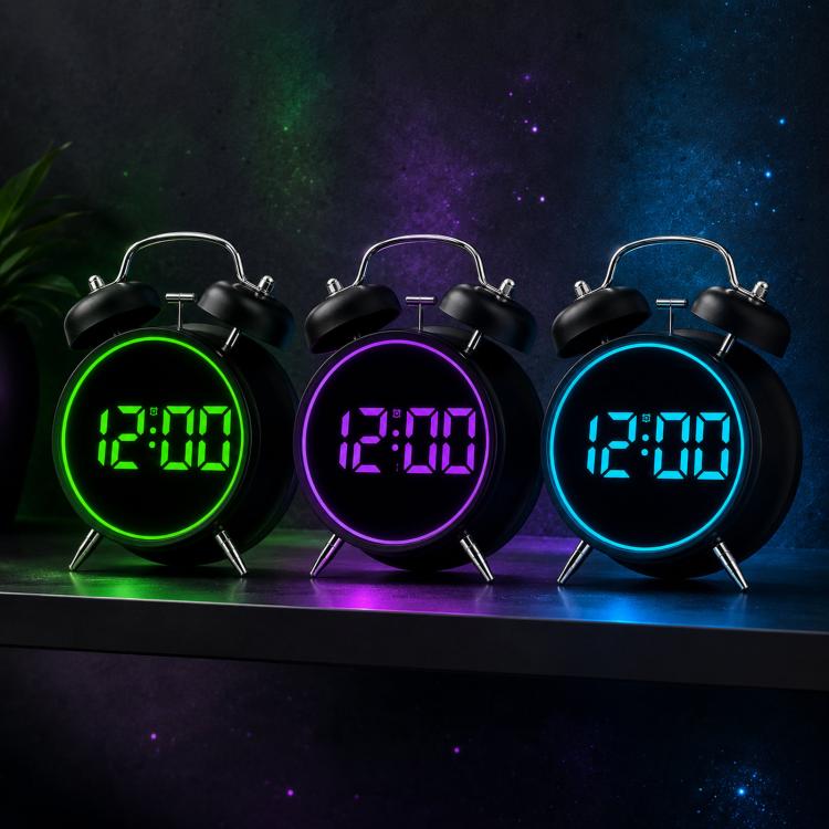 Retro Twin Bell Digital Alarm Clock Loud Bedside Clock with Colorful Glowing Ring Silent LED Desktop Clock with USB & Battery Backup