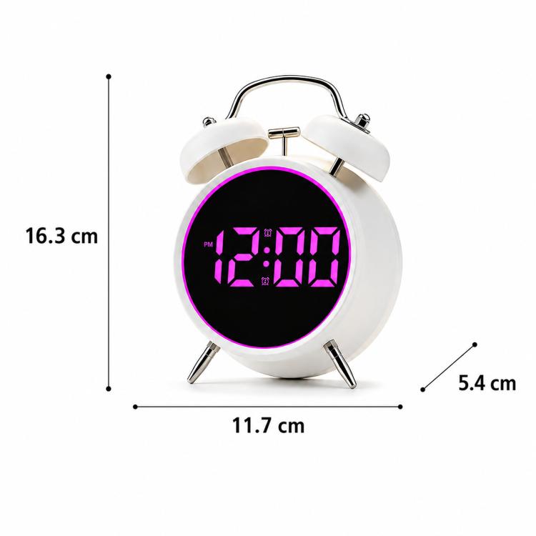 Retro Twin Bell Digital Alarm Clock Loud Bedside Clock with Colorful Glowing Ring Silent LED Desktop Clock with USB & Battery Backup