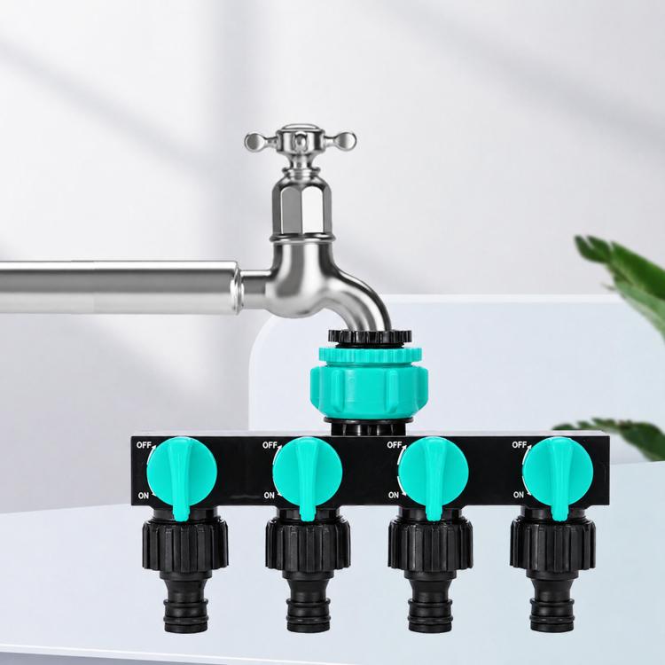 4-Way Water Tap Splitter With On-Off Switch 1 Inlet 4 Outlets Quick Connect Valve Connector