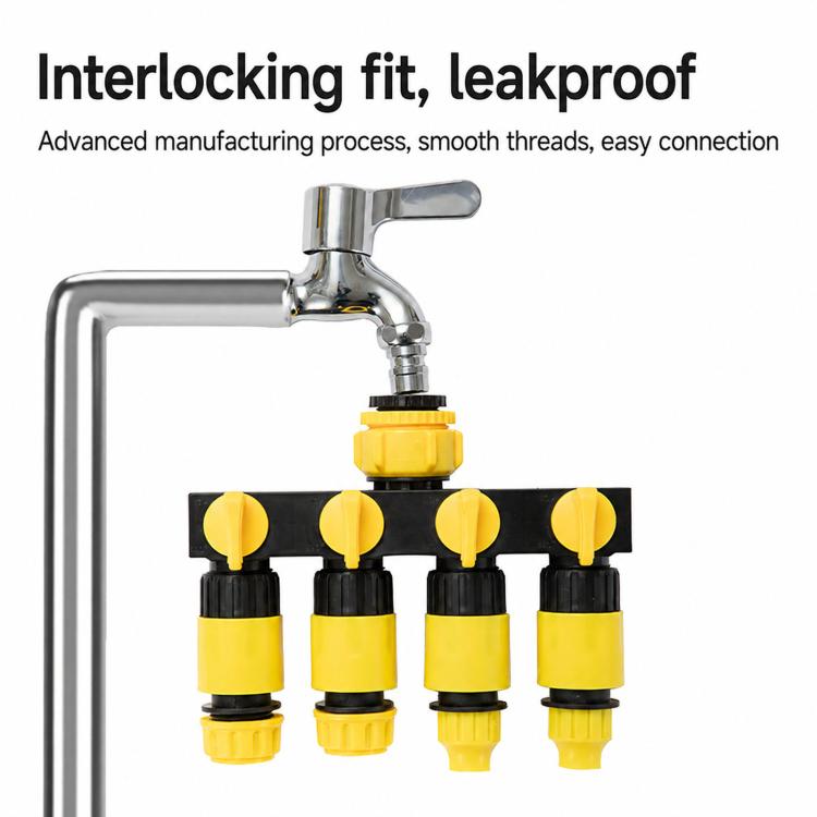 4-Way Water Tap Splitter With On-Off Switch 1 Inlet 4 Outlets Quick Connect Valve Connector