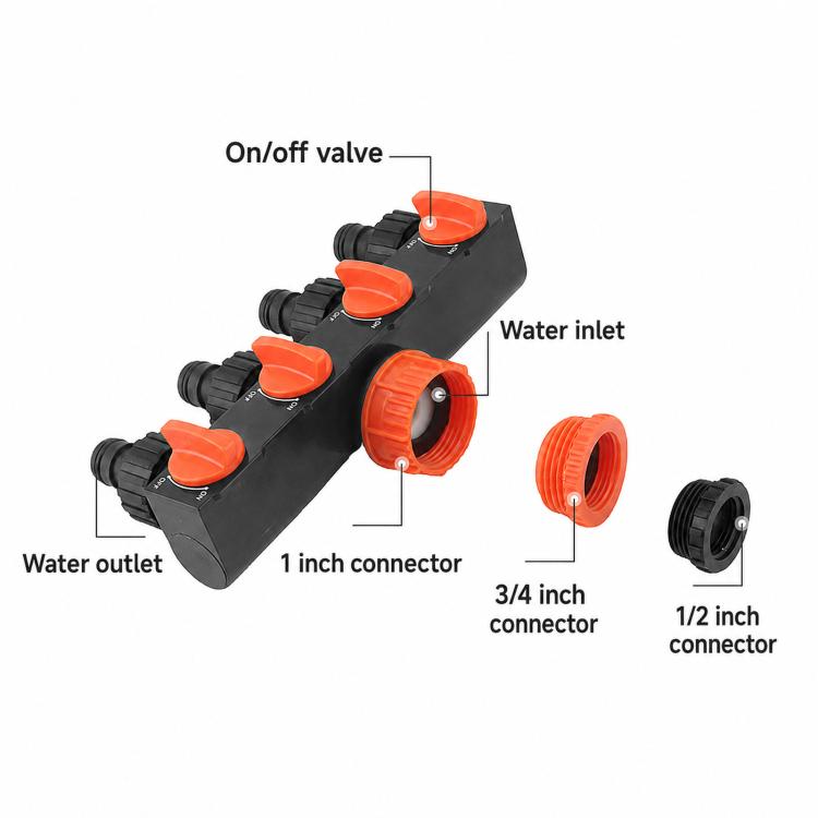 4-Way Water Tap Splitter With On-Off Switch 1 Inlet 4 Outlets Quick Connect Valve Connector